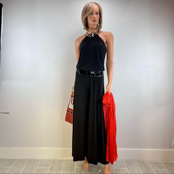 Halter black cut-in shoulders jumpsuit, S/M wide leg. - Picture 1 of 11